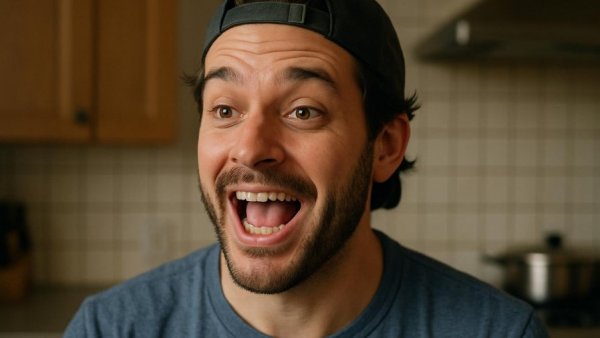 Enthusiastic man in kitchen discussing Pommes Frites Kultur Deutschland.