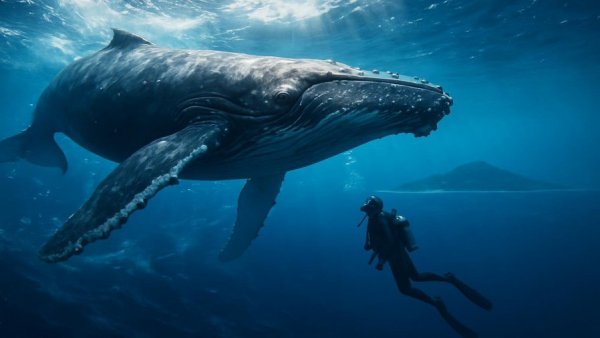 Buckelwale Sprache illustration with whale and diver underwater.