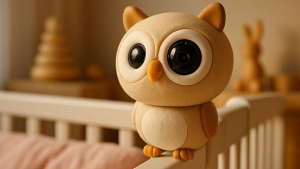 Animal-shaped surveillance camera in nursery with pink bedding.
