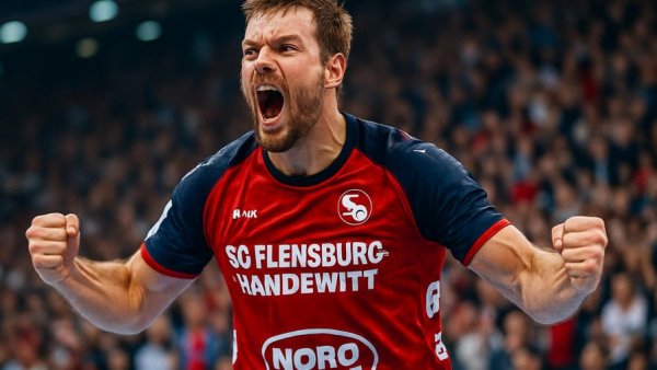 SG Flensburg-Handewitt player celebrating during handball match.