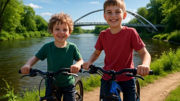 Radweg Elbe-Oderhaff entdecken: Boys with bicycles at riverside bridge.