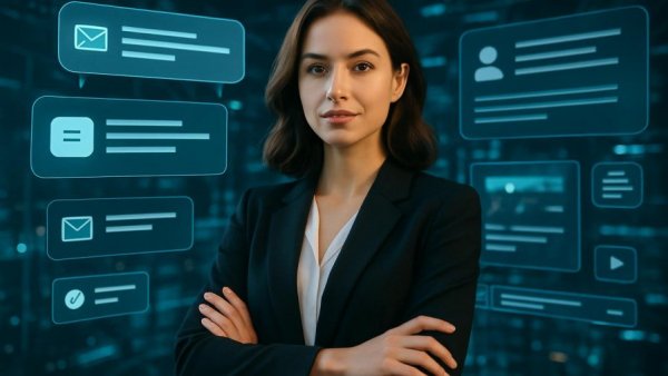 Confident woman with digital messages, highlighting Deepfake-Missbrauch
