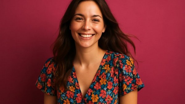 Woman in floral dress smiling against a magenta background.
