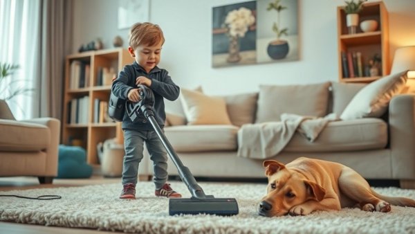 Cozy living room with boy using cordless vacuum, AEG Akkusauger kaufen.