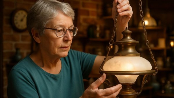 Elderly woman browsing lamps in a secondhand shop in Südjütland