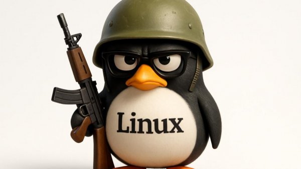 Cartoon penguin with helmet and rifle symbolizes Linux