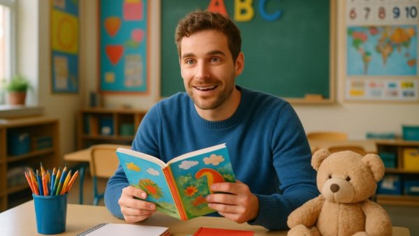 Kinderbuchautor aus Schleswig sitting in classroom with children's book.