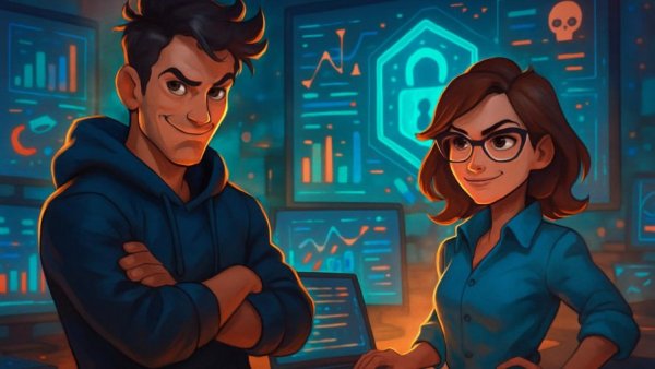 Cyber Sicherheits Tabletop-Übungen: Dynamic team strategizing in cartoon style.