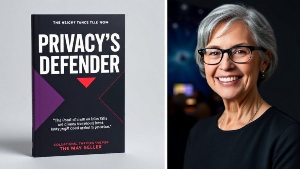 Cindy Cohn's book 'Privacy's Defender' and TV appearance poster.