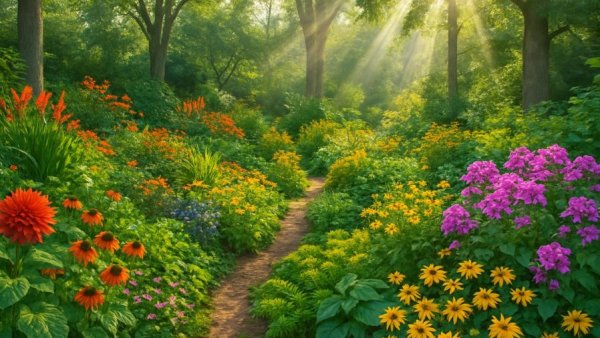 Lush garden with trees and plants under sunlight; automatische Gartenbewässerung und Gartenbeleuchtung.