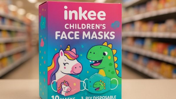 Inkee Gesichtsmasken für Kinder: Unicorn and Dinosaur packaging display.