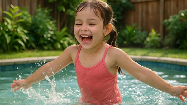 Young girl playing in a pool in a garden setting, Baby born Plaváček und Meerjungfrauen.
