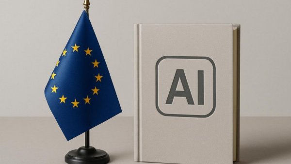 European flag with AI book symbolizing Reform des Produkthaftungsgesetzes.