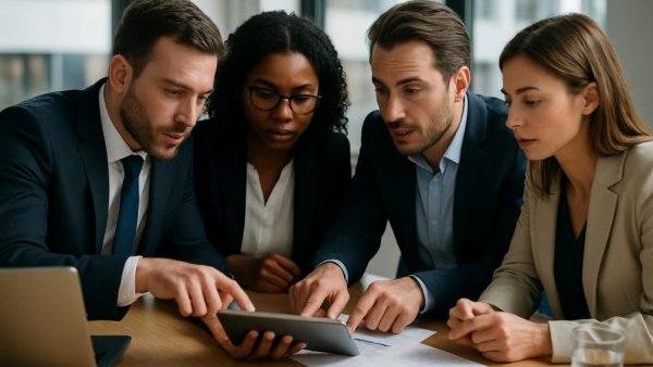 Business meeting discussing AI agreements with digital devices.