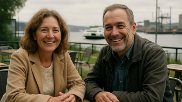 Schwebefähre Brückenterrassen outdoor café with smiling couple.
