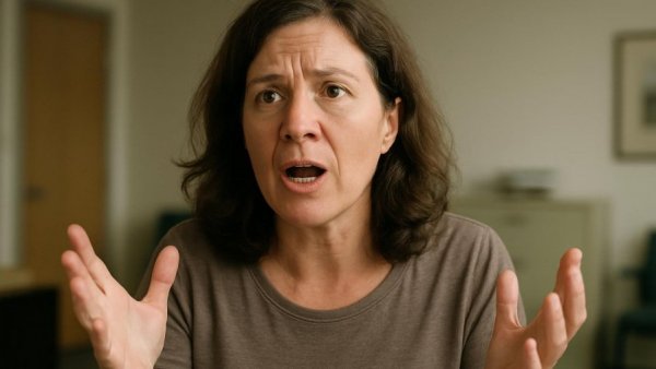 Middle-aged woman speaking passionately in a soft-lit office background.
