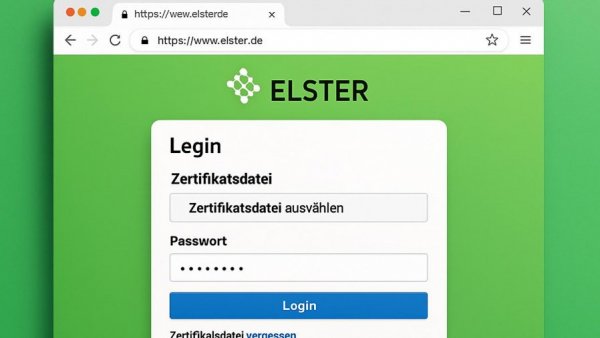 Elster-Zertifikat login interface displayed on green background.
