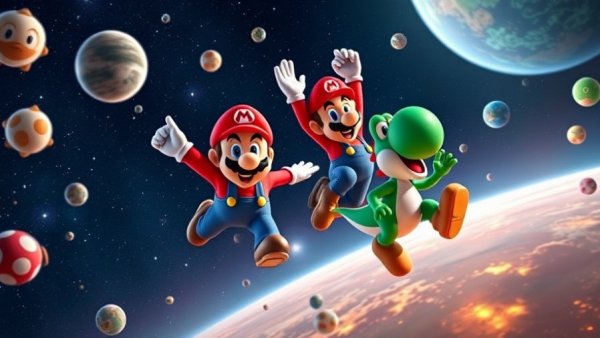 Super Mario Odyssey Film poster with animated Mario characters in space.