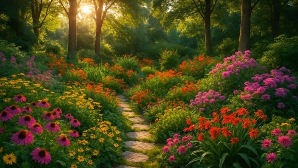 Vibrant garden for birds with colorful flowers and greenery