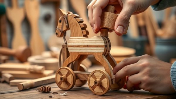 Handcrafted GRIMM'S Holzspielzeug wooden horse toy assembly.