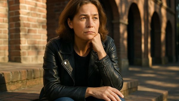 Thoughtful woman sitting on steps, illustrating Wohnungsnot in Schleswig-Holstein.