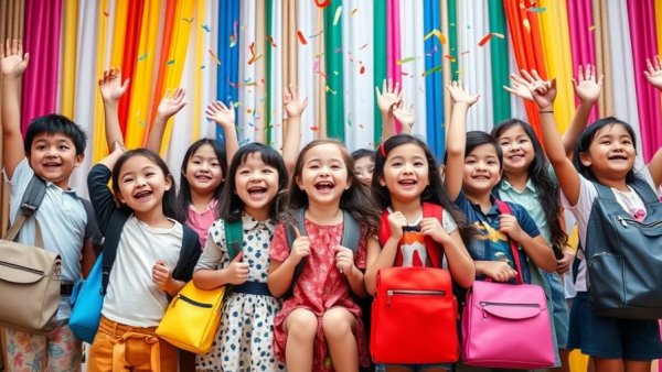 Fröhliche Kinder mit bunten Schulranzen in festlicher Kulisse.