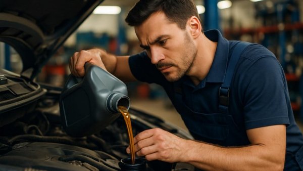 Mechanic performing an Ölwechsel beim Auto, pouring oil carefully.