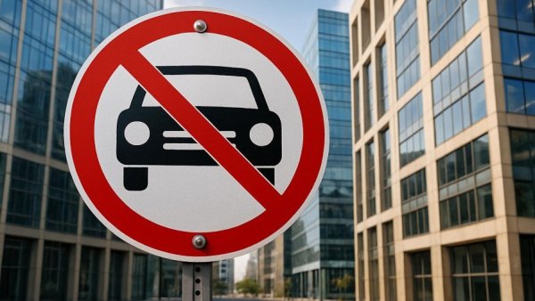 Verkehrsschild 277.1, prohibition for motor vehicles against a modern building.