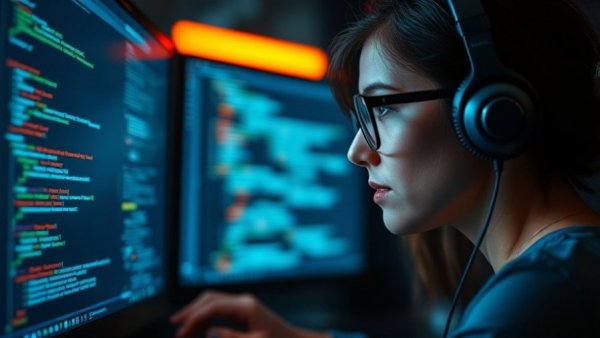 Focused woman training a language model locally on computer screens.