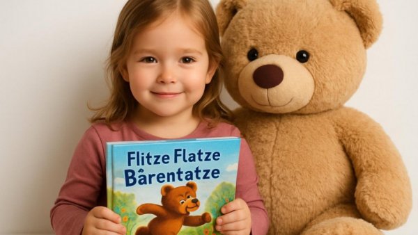 Young girl with teddy bear holding 'Flitze Flatze Bärentatze' book.