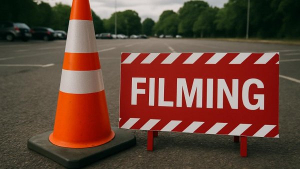 Dreharbeiten bei SSC Hagen: Traffic cone and sign in a parking lot.