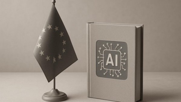European flag and AI book illustrating KI-Richtlinien an Hochschulen.