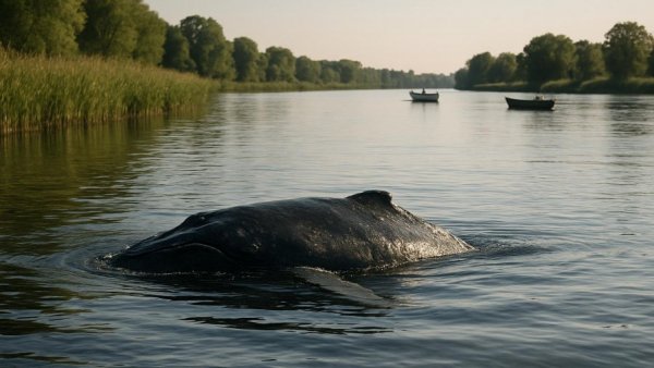 Calm river scene with humpback whale and boats in a tranquil environment.