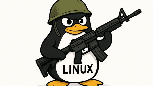 Cartoon penguin with rifle labeled 'Linux', humorous and rebellious.