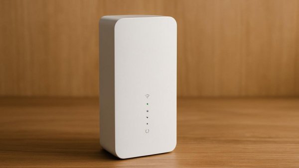 Vodafone GigaCube 5G router on wooden table, minimalistic design