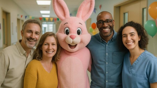 Ostern Kinderhilfe Stiftung team with bunny mascot in hospital.
