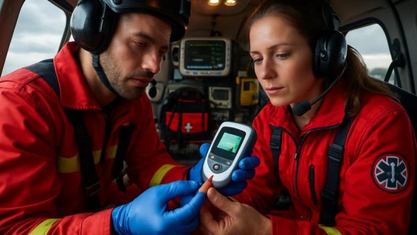 Medical personnel conducting blood test for brain hemorrhage detection in helicopter.