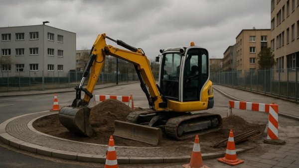 Kreisverkehr Baustelle Bad Oldesloe with excavator in urban setting.