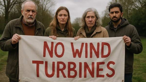 Protest gegen Windkraftanlagen in Klütz: Menschen mit Banner.