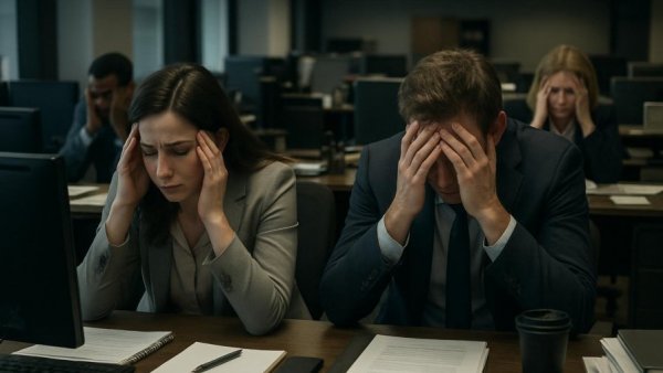 Scamcenter Betrug: stressed office workers at desks