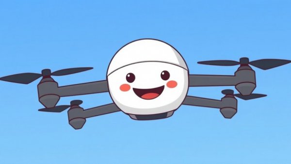 Cartoon drone with a face flying in blue sky, FAA Flugbeschränkungen für Drohnen.
