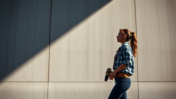 Female construction worker contemplating concrete wall shadow, Website-Klicks sinken