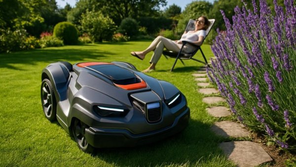 Mähroboter trimmt Rasen im sonnigen Garten, entspannte Frau im Hintergrund