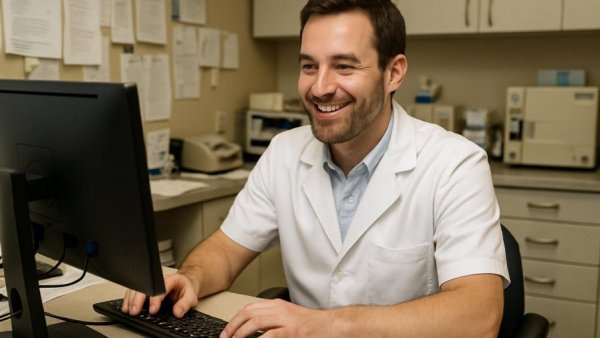 Smiling man working in a prison medical office, Sprechstunde im Knast.