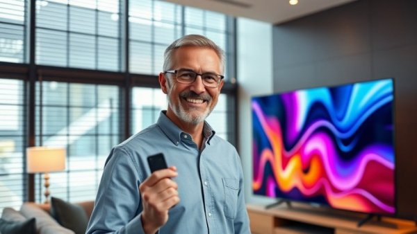 Man showcasing Samsung S99H OLED TV in modern room