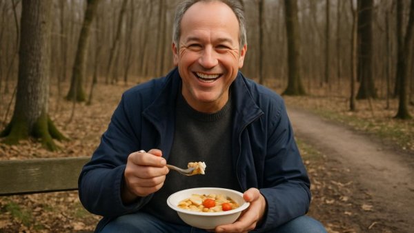 Man enjoying a meal in Harz forest, Ilsefälle und Ilsetal Wanderung
