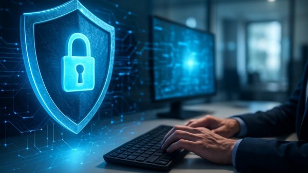 Digital interface displaying cybersecurity with shield and lock symbol.