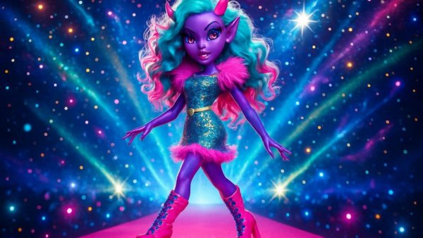 Colorful Glam-Monstars collectible on a sparkling runway.