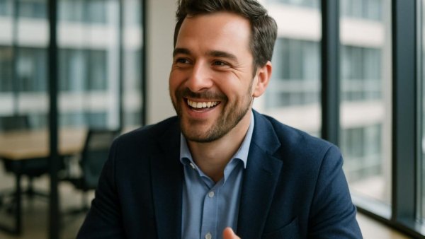 Smiling man in an office, illustrating Transparenzpflichten im Datenschutz.
