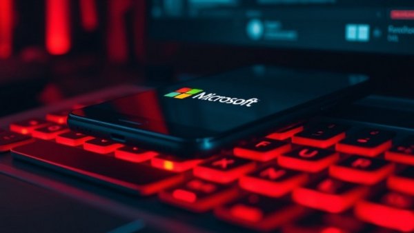 Microsoft logo on phone over red keyboard indicating Windows Sicherheitslücke.